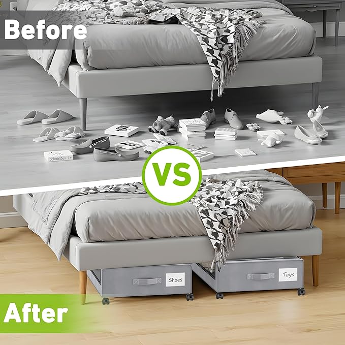 YAASHEEN Under Bed Storage with Wheels, 2-Pack Under the Bed Storage Containers with Clear Lids & Label, Underbed Storage Bins, XXL 60L Rolling Metal Drawer for Clothes, Shoes, Toys, Books - Gray