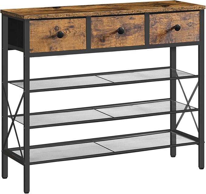 YATINEY 4-Tier Shoe Rack with 3 Drawers, Metal Shoe Organizer for 15 Pairs with Storage Shelves and Wooden Top, for Entryway, Hallway, Foyer, Closet, Rustic Brown and Black SS34BR