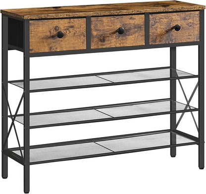 YATINEY 4-Tier Shoe Rack with 3 Drawers, Metal Shoe Organizer for 15 Pairs with Storage Shelves and Wooden Top, for Entryway, Hallway, Foyer, Closet, Rustic Brown and Black SS34BR