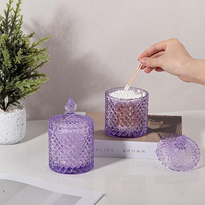 rejomiik 2 Pack Qtip Holder Thick Glass Apothecary Jars with Lid for Bathroom Decor Storage Organizer for Cotton Swabs, Balls, Pads, Floss Picks, Candy, Jewelry, Purple
