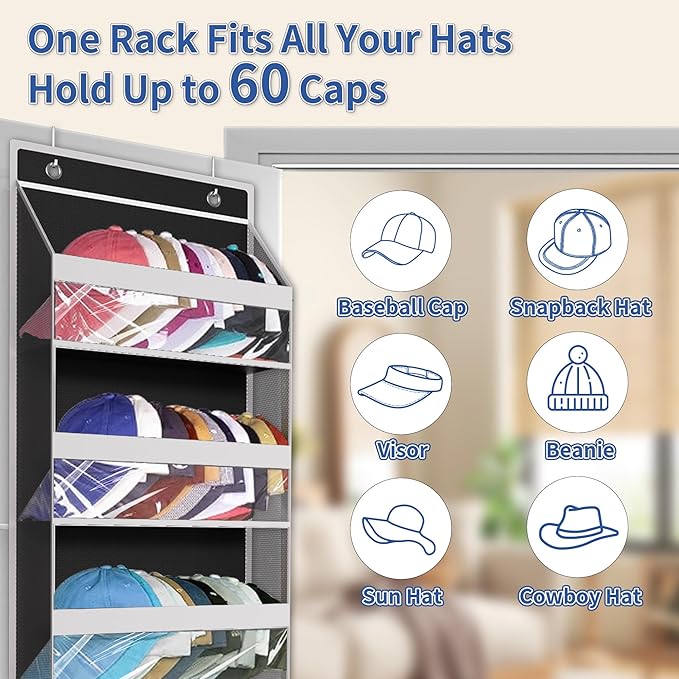 KYEVIS Over The Door Hat Organizer for Baseball Caps - Holds up 60 Hat Rack with Extra Large Row for Cowboy, Hat Storage for Closet, Bedroom, Cabinet, Space Saving Hanging Holder, Scarves, Accessories