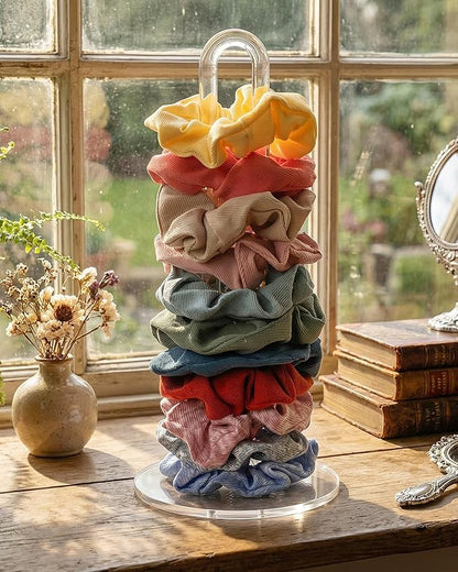 Acrylic Scrunchies Holder Stand Hair Accessories Organizer Simple transparent Scrunchies Tower Hold 25-35 Scrunchies Modern Vertical Hair Tie Organizer Jewelry Scrunchy Holder for Girls