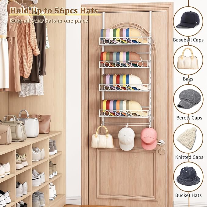 Over Door Hat Organizer 5 Tier Wall Mounted Hat Rack with 4 Adjustable Metal Basket and 3 Hooks Hat Organizer for Baseball caps Hat Hanger Holder Display for Door Closet Cap Organizer Storage