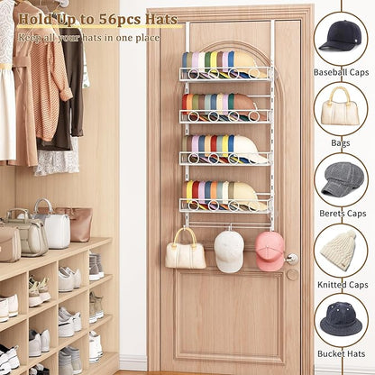 Over Door Hat Organizer 5 Tier Wall Mounted Hat Rack with 4 Adjustable Metal Basket and 3 Hooks Hat Organizer for Baseball caps Hat Hanger Holder Display for Door Closet Cap Organizer Storage