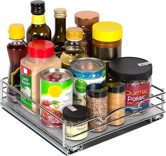 Pull-Out Cabinet Spice Rack Organizer - Slim Slide-Out Storage for Spices, Bottles & Jars, Premium Heavy-Duty Steel, Easy Install for Narrow Kitchen Cabinets - 10 ⅜ W x 10 ⅜ D x 2 ¾ H, Chrome
