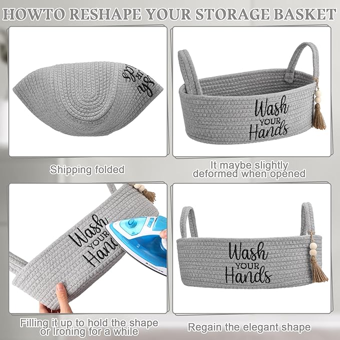 Wash Your Hands Bathroom Decoration Grey Cotton Rope Toilet Basket Toilet Paper Holder Basket Rustic Bathroom Organizer Farmhouse Home Decoration Organizing Small Baskets
