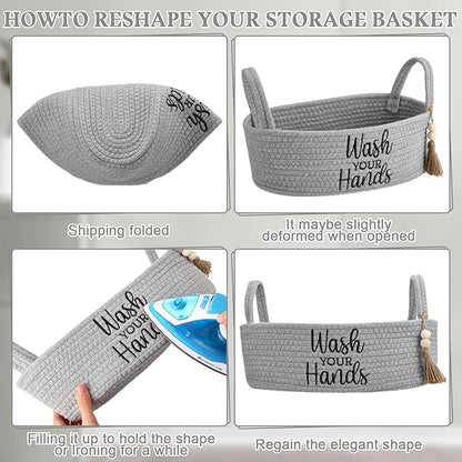 Wash Your Hands Bathroom Decoration Grey Cotton Rope Toilet Basket Toilet Paper Holder Basket Rustic Bathroom Organizer Farmhouse Home Decoration Organizing Small Baskets