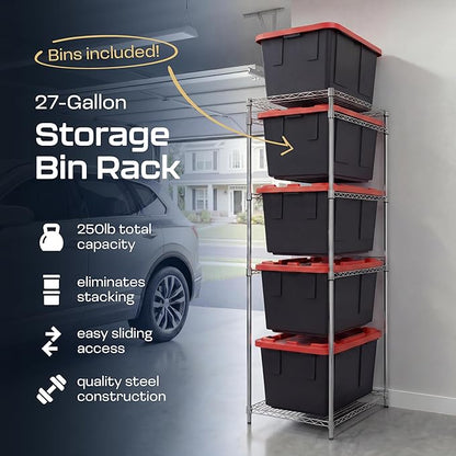MonsterRAX WS-BR27-Z5 Bin Rack with 5-Pack 27 Gallon Storage Totes, Stackable & Lockable, Red Lid/Black Bin