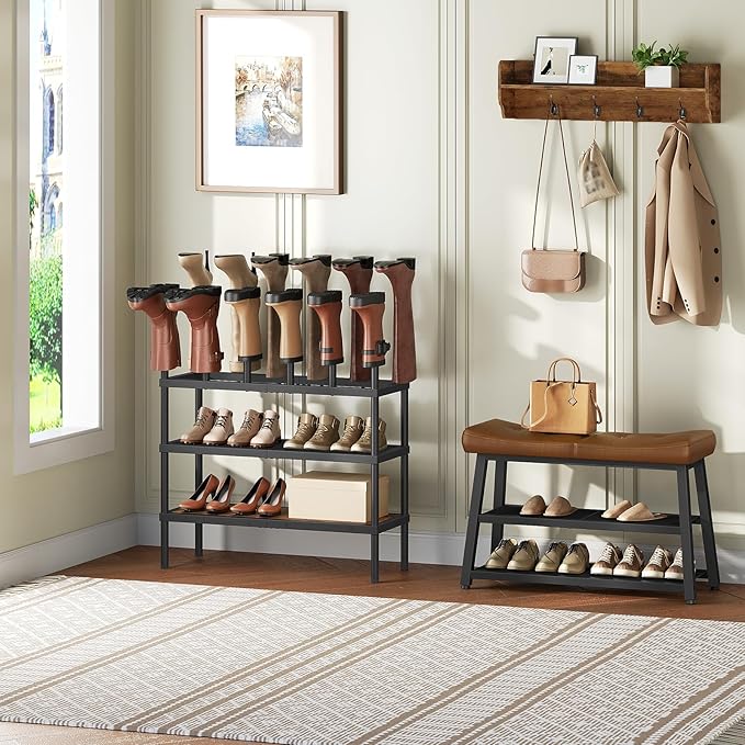 YATINEY Shoe and Boot Rack Organizer, Tall Boots Rack for Closet, Cowboy Shoes Storage, 4 Tier Shoe Racks Organizer Holds 14 Pairs, Black and Rustic Brown SS29BR