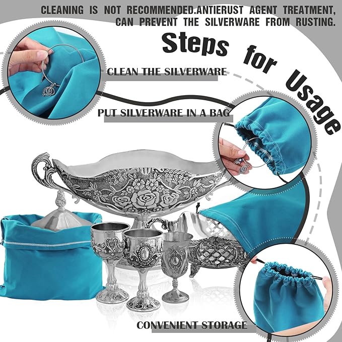 Fumete 8 Pcs Silver Storage Bags Anti Tarnish Storage Bags 18" x 18" 9" x 11.8" Silver Protector for Jewelry Silverware Protection Resistant Tarnish for Silverware Flatware (Peacock Blue)