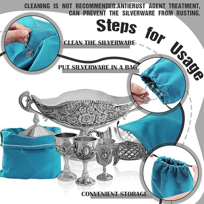 Fumete 8 Pcs Silver Storage Bags Anti Tarnish Storage Bags 18" x 18" 9" x 11.8" Silver Protector for Jewelry Silverware Protection Resistant Tarnish for Silverware Flatware (Peacock Blue)