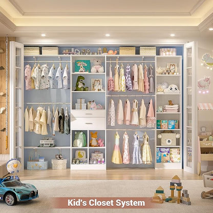 Besiost Closet System - 9.4FT/112" Closet Organizer System with Wooden Drawers,Closet Systems for Walk-In Closets with Hang Rods and Open Cabinet