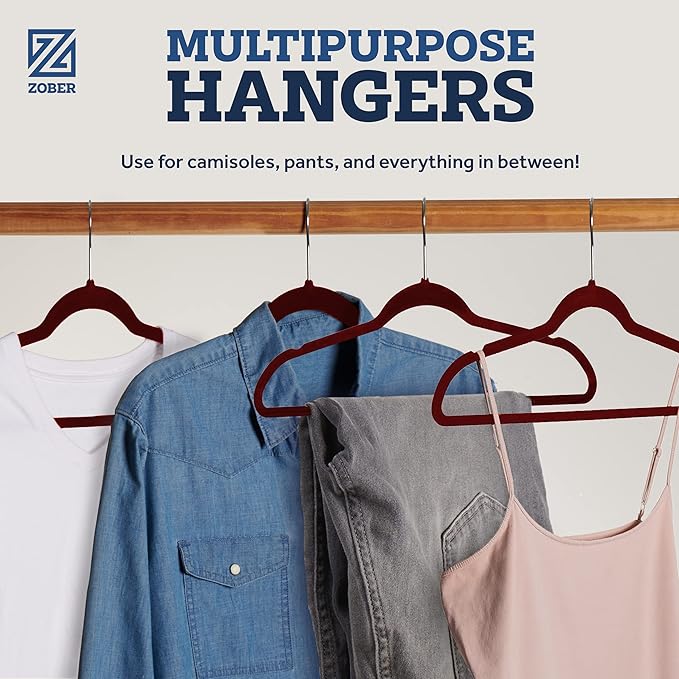 Zober Premium Quality Space Saving Luxurious Velvet Hangers Strong and Durable Hold Up to 10 Lbs - 360 Degree Chrome Swivel Hook - Ultra Thin Non Slip Suit Hangers, Royal Red/Burgundy - 50 Pack