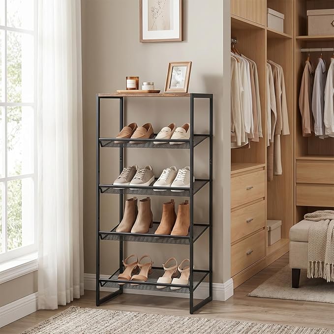 Shoe Rack，5 Tier Shoe Storage Organizer，Sturdy Shoe Shelf,Boot Rack with a Fine Mesh Shelves，for Entryway, Living Room, Hallway，Small Space,11.8 x 16.5 x 27.9 Inches,Brown