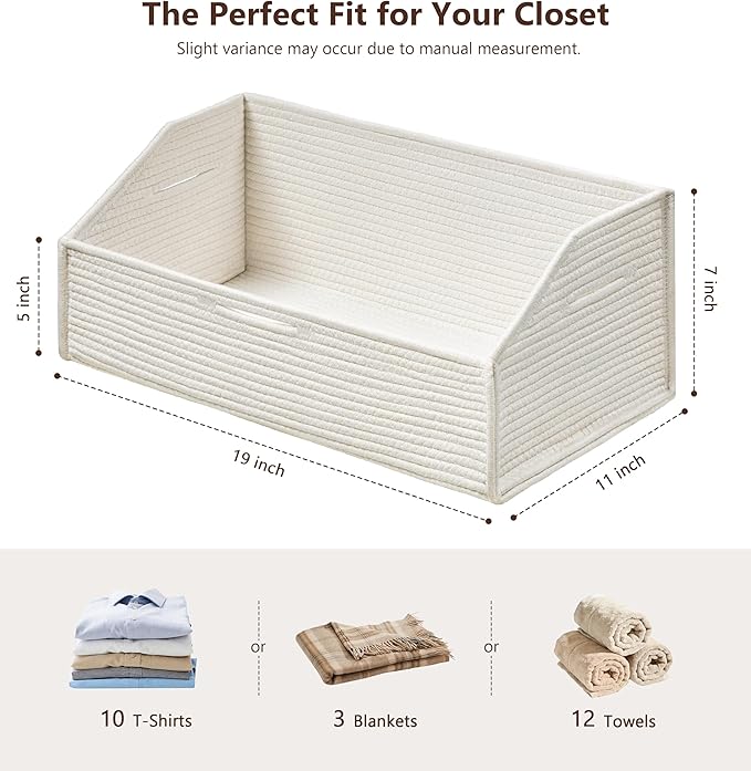 UBBCARE Closet Storage Bins 2 Pack, Cotton Rope Clothes Storage Bins & Sturdy Dog Toy Basket, 19" X 11" X 7" Shelf Baskets for Organizing, White