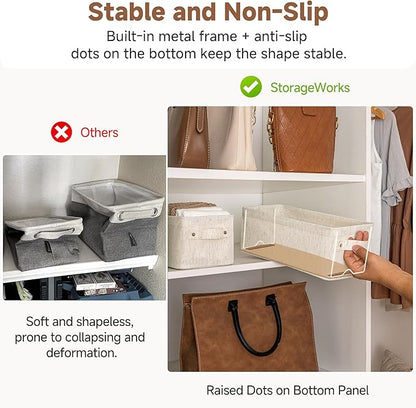 StorageWorks Narrow Storage Bins, Small Basket for Closet and Shelves, Fabric Closet Organizer Storage Bins with Handles, Toilet Paper Storage Baskets, Beige, Cotton Linen, 2-Pack