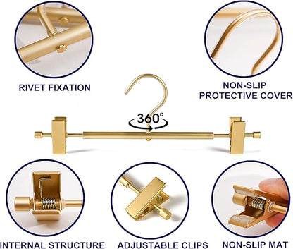 Amber Home 10 Pack Matte Gold Aluminum Pants Hangers, 12.2” Extra Smooth Metal Skirt Hangers with 2 Adjustable Non-Slip Clips, Light & Sturdy Metal Hangers for Shorts, Trousers & Slacks