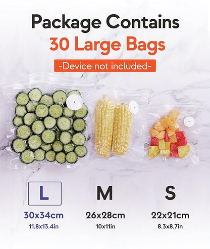 Reusable Vacuum Sealer Bags – 30 Big Food Storage Bags (30x34cm/11.8x13.4in), BPA-Free, Leak-Proof & Odor-Resistant, Compatible with Vacuum Sealer Machines
