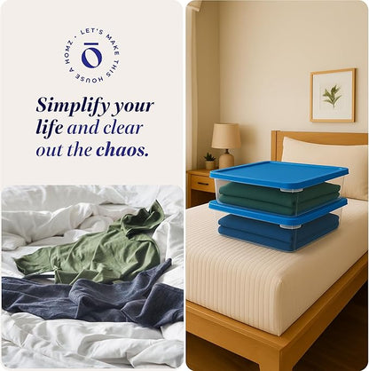 HOMZ 2-Pack Snaplock, Small Clear Plastic Storage Organizer Bins with Lids, 28 Quart, Blue - Stackable Container Boxes for Bedroom, Bathroom, Garage, and Office Organization