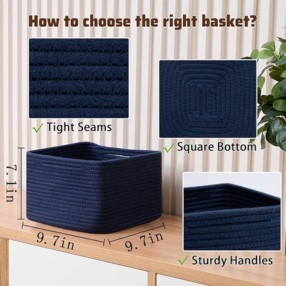 MiniArk Small Organizing Baskets for Cubes Shelf, 9.7x9.7x7.1 Inch Rope Woven Storage Bins for Nursery Shelves Storage, Cute Toy Basket, Square 3 Packs Navy Blue