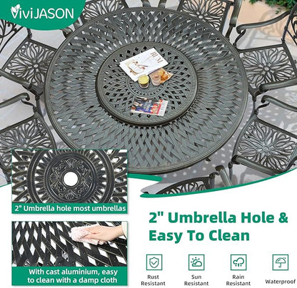 VIVIJASON 31" Cast Aluminum Lazy Susan Turntable, 360° Large Rotating Display Tray with Silent Bearings, Round Table Top Swivel Serving Plate with 2" Umbrella Hole for Outdoor Dining Table