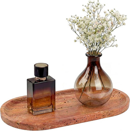 YKAJO Oval Real Marble Tray for Bathroom Kitchen Counter Stone Decorative Vanity Tray for Dresser Perfume Heavy Catchall Organizer for Soap Jewelry (Rosso Levanto Red, 11.8" x 5.9")