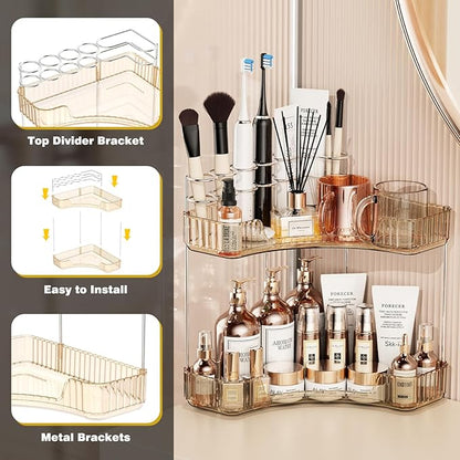 Asayuee 2-Tier Corner Bathroom Counter Organizer with Top Toothbrush Holders,Large Makeup Organizer Countertop with Brush Holder,Skincare Organizers Corner,Exquisite Vanity Organizer (Gold, 2 Tier)