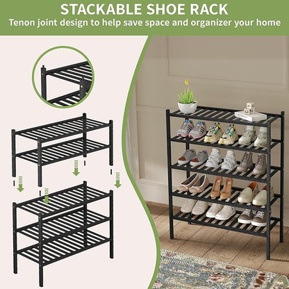 ROMGUAR CRAFT 3 Tier Bamboo Shoe Rack for Closet Free Standing Wood Shoe Shelf Storage Organizer for Entryway Small Space Stackable 27"x11"x20" (Black)