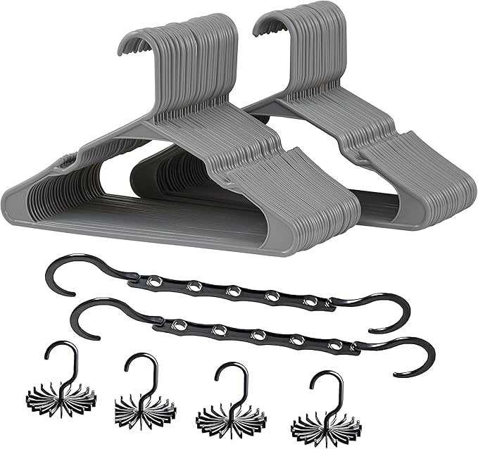VECELO 50 Pack Plastic Hangers-Clothes Hangers Set with Shoulder Non Slip Notches for Closet Space Saving-Heavy Duty Coat Hanger,Gray