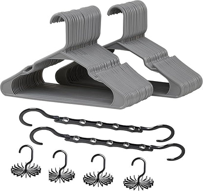 VECELO 50 Pack Plastic Hangers-Clothes Hangers Set with Shoulder Non Slip Notches for Closet Space Saving-Heavy Duty Coat Hanger,Gray
