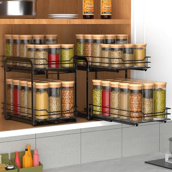 BOIVSHI Spice Rack, Pull Out Spice Racks Organizer for Cabinet, Height Adjustable Heavy Duty Metal Basket for Inside Cabinets & Pantry Closet (2 Tier,7.5''Wx10.5''Dx9.5''H)