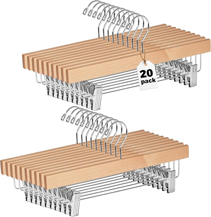 Quality Hangers Wooden Pants Hangers - 20-Pack Swivel Hook Cloth Hanger Set - Lotus Wood Skirt, Pant, Shorts and Slack Hangers with Adjustable Clip (Natural, 20)