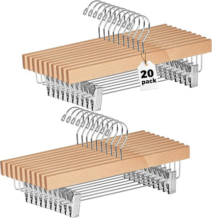 Quality Hangers Wooden Pants Hangers - 20-Pack Swivel Hook Cloth Hanger Set - Lotus Wood Skirt, Pant, Shorts and Slack Hangers with Adjustable Clip (Natural, 20)