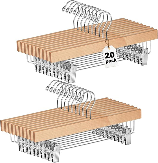 Quality Hangers Wooden Pants Hangers - 20-Pack Swivel Hook Cloth Hanger Set - Lotus Wood Skirt, Pant, Shorts and Slack Hangers with Adjustable Clip (Natural, 20)