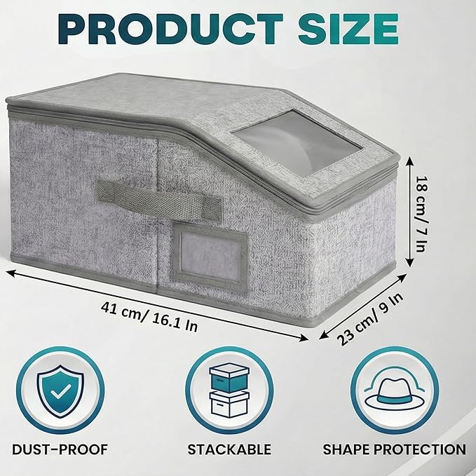 2-Pack Hat Organizer Boxes – Holds Up to 24 Caps, 1 Grey + 1 Black, Stackable Baseball Cap Storage, Breathable Fabric, Clear Window Lid, Foldable & Dustproof Hat Rack for Closet or Shelf