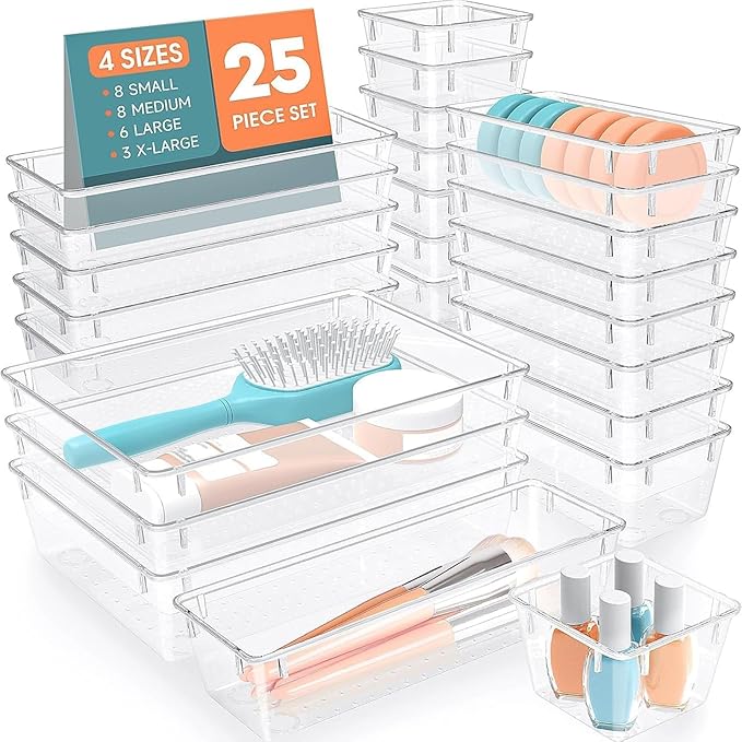 SpaceHacks 25 PCS Plastic Drawer Organizer Set, 4-Size Versatile Organizer Trays & Storage Bins for Makeup, Jewelry, and Gadgets in Bathroom, Bedroom and Office,Clear White