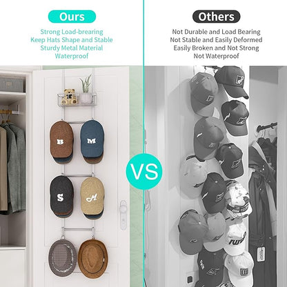 HapiRm Over Door Hat Rack - Wall Mounted Hat Organizer with 6 Hooks and Metal Basket Design, Baseball Cap Organizer Storage Holder Up to 32 Caps for Door, Bedroom, Closet (Sliver)