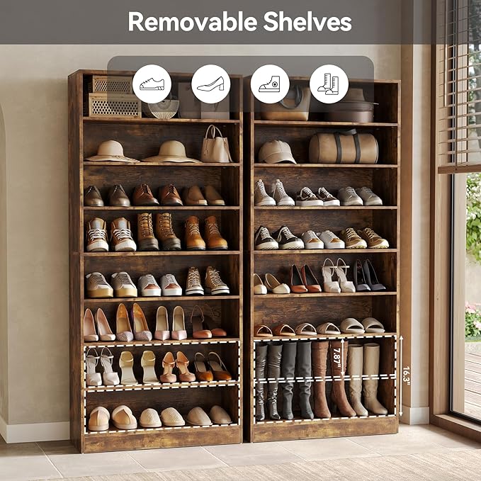 LITTLE TREE 9-Tier Shoe Cabinet, 32 Pairs Wooden Shoes Cabinet with Adjustable Shelves, 70.9" Tall Shoe Cabinet, Freestanding Modern Shoe Rack Organizer for Living Room Bedroom Entryway, Rustic Brown
