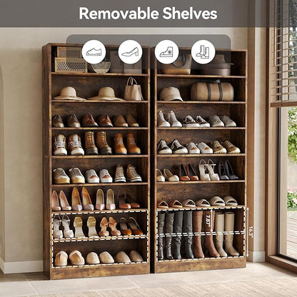 LITTLE TREE 9-Tier Shoe Cabinet, 32 Pairs Wooden Shoes Cabinet with Adjustable Shelves, 70.9" Tall Shoe Cabinet, Freestanding Modern Shoe Rack Organizer for Living Room Bedroom Entryway, Rustic Brown