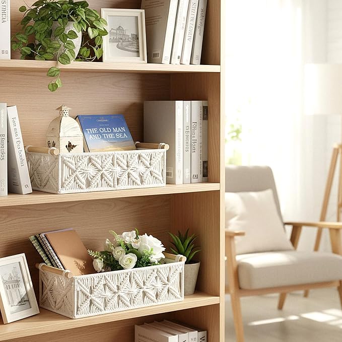 Kifmurase Macrame Storage Baskets 2PCS, Boho Woven Decorative Basket for Organizing with Handle, Countertop Toilet Paper Storage Container for Tank Bedroom Nursery Livingroom Entryway(White)