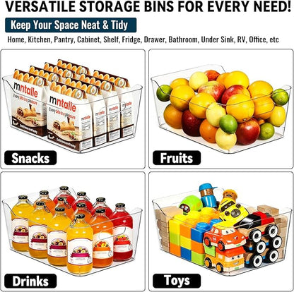 12 PACK Multi-Use Clear Plastic Storage Bins for Organizing w/ Labels - Home, Kitchen, Pantry, Bathroom, Office, Cabinet Shelf Organizer Bins - SOHO Collection, RV, Fridge Organization Containers -XXL