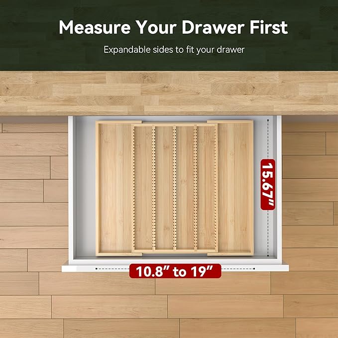 Larger Expandable Bamboo Organizer Holder for Counter Drawer Insert - Compatible with Nespresso Vertuo Capsules - Tea Bags Storage (Natural) 10.8" -19"W x15.67"Dx1.9"H