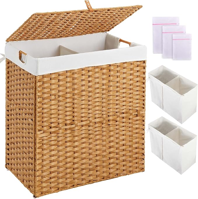 Greenstell Laundry Hamper with lid, No Install Needed, 130L Wicker Laundry Baskets Foldable 2 Removable Liner Bags, 2 Section Clothes Hamper Handwoven Rattan Laundry Basket with Handles, Natural