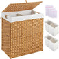 Greenstell Laundry Hamper with lid, No Install Needed, 130L Wicker Laundry Baskets Foldable 2 Removable Liner Bags, 2 Section Clothes Hamper Handwoven Rattan Laundry Basket with Handles, Natural