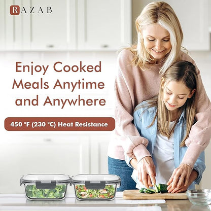 Razab 2 PC 1200ML / 41 Oz Glass Food Storage Containers with Lids - Airtight & Leakproof - Microwave/Oven/Freezer Safe - BPA Free - Ideal for Meal Prep, Storing Leftover & Lunch