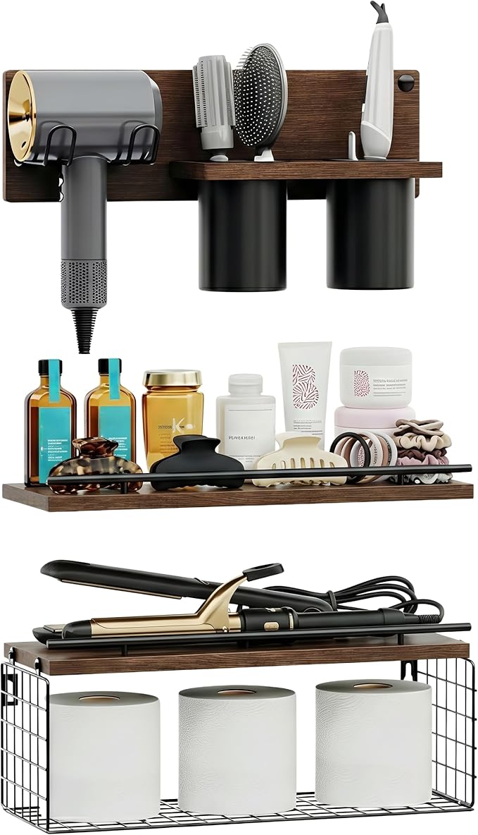 RoleDes Hair Tool Organizer Wall Mounted Set of 3 - Bathroom Floating Shelves with Blow Dryer Holder and Curling Iron Storage, Hair Dryer Hanger for Bathroom Wall, Modern Farmhouse Above Toilet Shelf