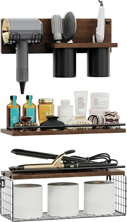 RoleDes Hair Tool Organizer Wall Mounted Set of 3 - Bathroom Floating Shelves with Blow Dryer Holder and Curling Iron Storage, Hair Dryer Hanger for Bathroom Wall, Modern Farmhouse Above Toilet Shelf
