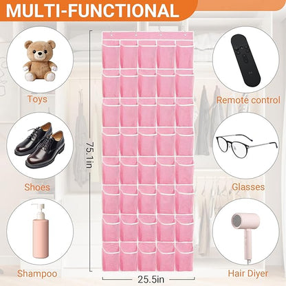 40-Pocket Over the Door Shoe Organizer - Large Mesh Pocket Hanging Shoe Organizer,Behind the Door Shoes Storage Holder Hanger (Pink-W)