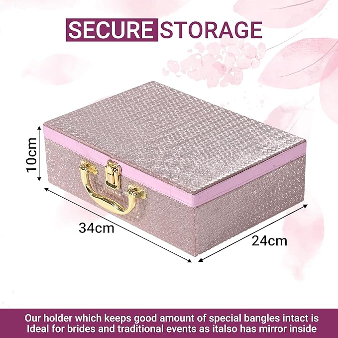 Kuber Industries 4 Rod Wooden Bangle Organizers Storage Box with Gold Handle For Women | Bridal Fancy Chudi Box/Chuda Holder & Jewellery Case | Shining Leaser Foil- Peach