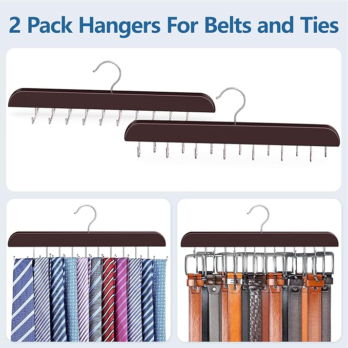 2 Pack Tie Rack & Belt Hanger 2 in 1 Tie Hanger Space Saving Max 42 Belts& 60 Ties Capacity for Closet Organizers and Storage, Sturdy Wood Belt & Tie Closet Organizers and Storage